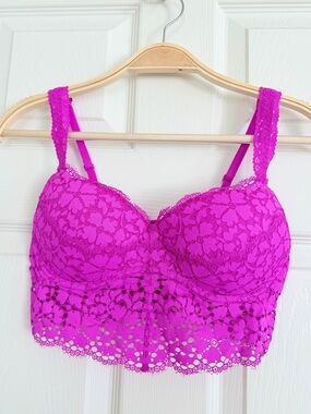 💜 VS PINK Bright Purple Floral Lace Padded Push-Up Longline Bustier Bra Top